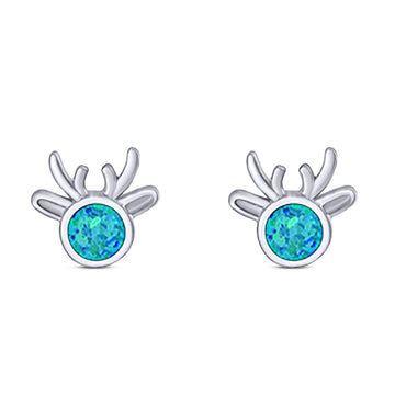 Deer Stud Earring Created Blue Opal Solid 925 Sterling Silver (7.4mm)